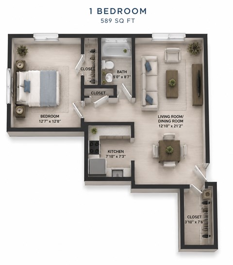Floor plan for 1 bed, 1 bath, 628 sqft